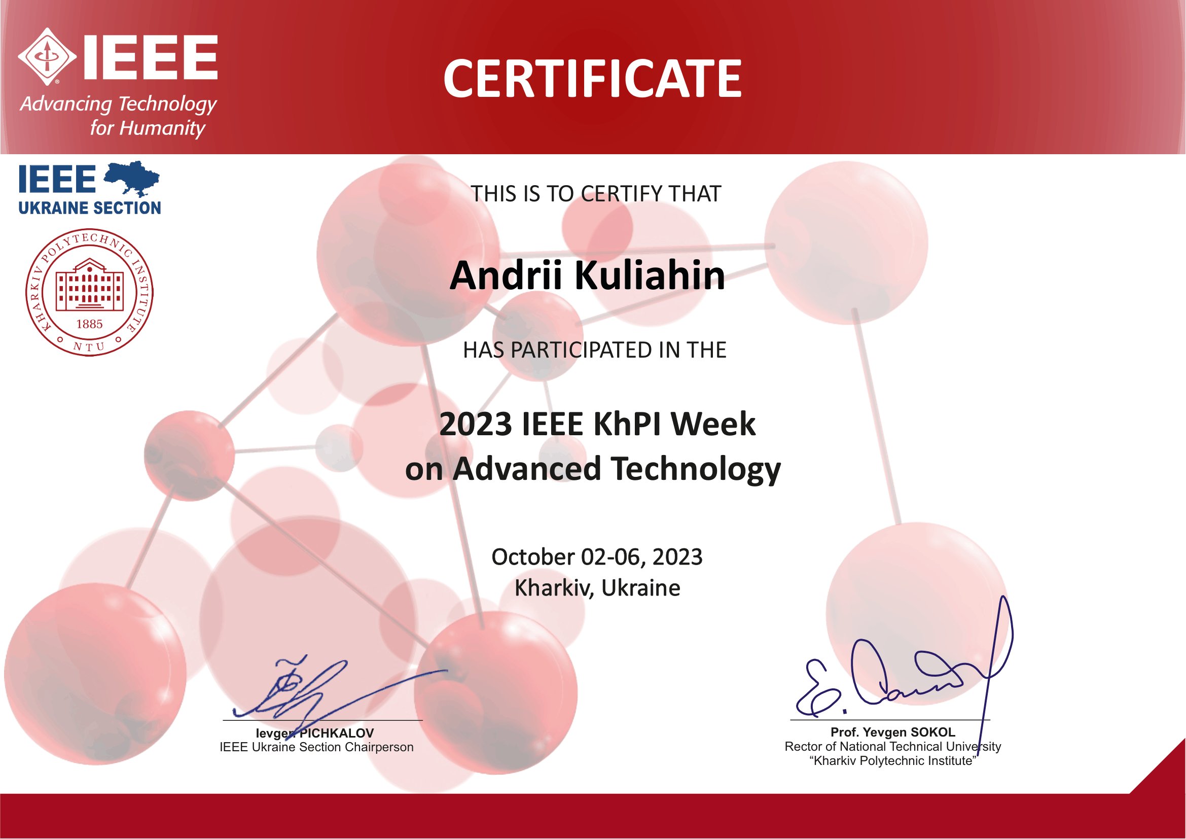 Кулягін Андрій Ігорович — 2023 IEEE KhPI Week on Advanced Technology — IEEE Ukraine Section · NTU «Kharkiv Polytechnic Institute»